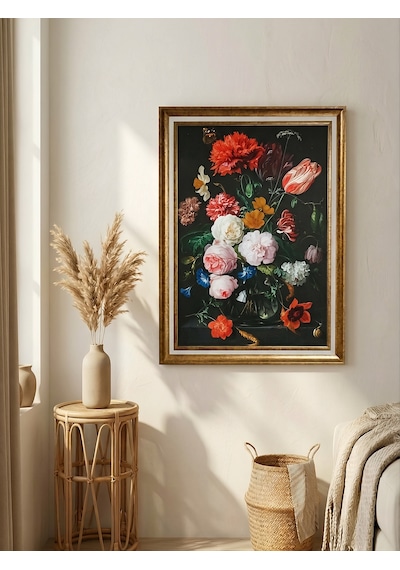 Vintage Gold Çerçeveli Tablo Vazo Ve Çiçekler 60x80 Cm