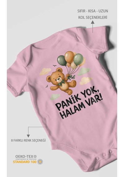 Morivokids Panik Yok, Halam Var Kısa Kollu Bebek Body %100 Pamuk Koyu Pembe