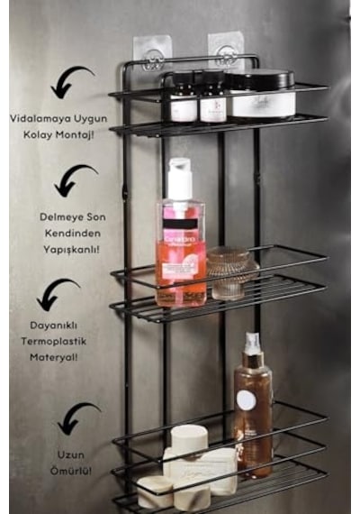 Sas Haus Yapışkanlı Banyo Rafı Siyah Delmeden Montaj Duş Şampuanlık, Paslanmaz Metal, Siyah Organizer Açık Ceviz