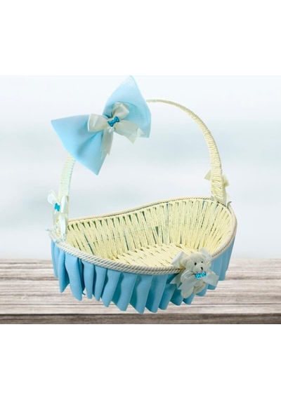 Saplı Oval Kumaş Süslü Sepet 36 Cm Orta Boy Mavi
