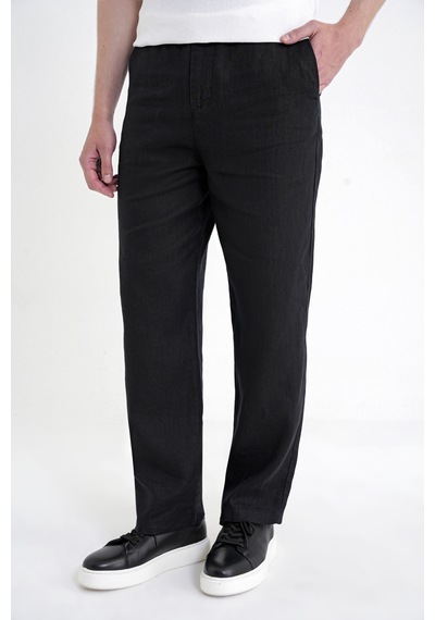 Oversize Kalıp Yan Cep Beli Lastikli Siyah Keten Pantolon P 1216