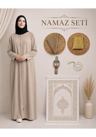Bilenler Kadın Namaz Seti Fermuarlı Namaz Elbisesi Seccade Örtü Yasin Tesbih Zikirmatik Bej
