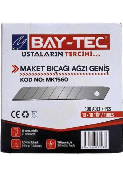 Bay-tec Maket Bıcağı Ucu Yedek Mk1560, Geniş Ağız, 1 Tüp 10 Adet Uç , 18mm Genişlik, 0,5mm Kalınlık