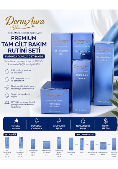 Dermaura Premium Leke Ve Aydınlatıcı Tam Cilt Bakım Seti Temizleme Jeli, Tonik, Niacinamide Serum, Nemlendirici Ve Spf 50+ Güneş Koruması