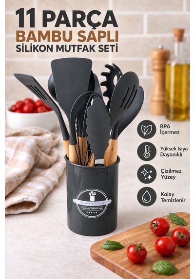 11 Parça Bambu Saplı Isıya Dayanıklı Silikon Mutfak Gereçleri Seti Kepçe Spatula Maşa Çırpıcı Gri
