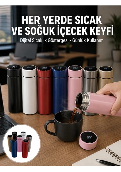 Uzun Süre Isı Koruma Sağlayan Dijital Göstergeli Termos Yeni Nesil Pembe