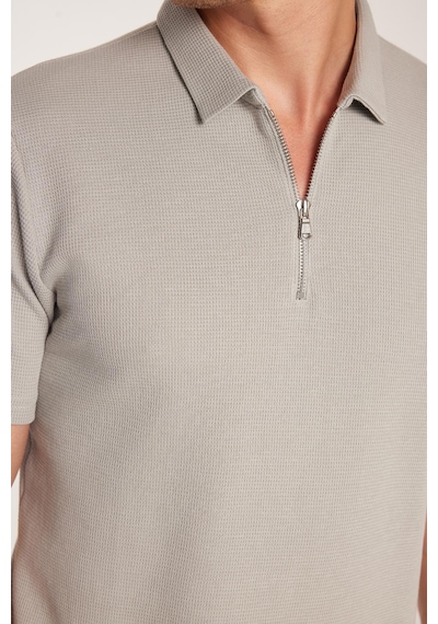 Tudors Erkek Slim Fit Dar Kesim %100 Pamuk Fermuarlı Gri Polo Yaka Tişört-33941 Gri