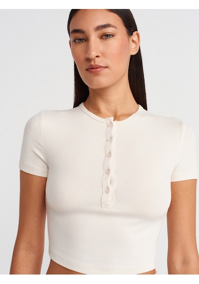 Dilvin 31647 Düğme Detaylı Crop Top-taş Taş