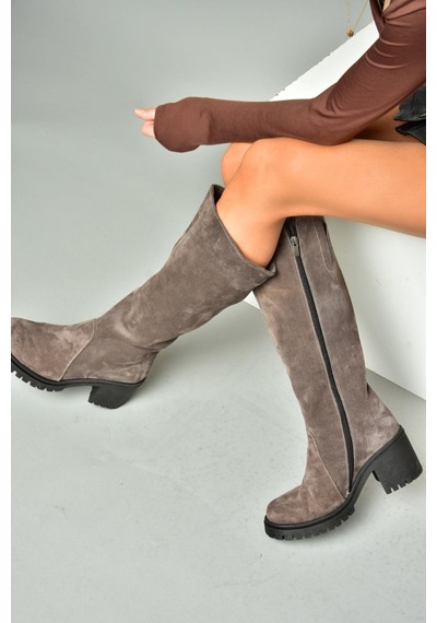 Fox Shoes R654047702 Füme Hakiki Deri Süet Kalın Topuklu Kadın Çizme Füme