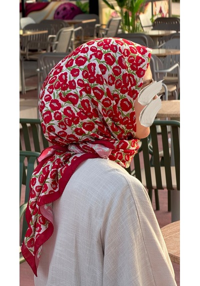 Qalortex Scarf Pamuklu Pera Desen Eşarp - Kiraz