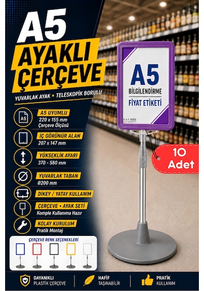 10 Adet - A5 Ayaklı Menü Ve Fiyat Bilgi Standı Yuvarlak Tabanlı Teleskopik Çerçeve Etiketlik Mor