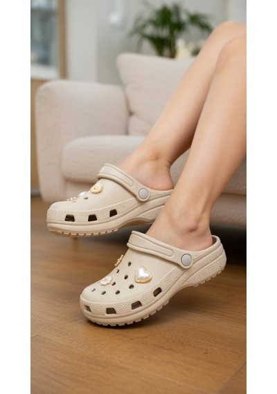 Stil Shoes Kadın Croks Eva Terlik Hafif Rahat Şık Taşlı Yumuşak Terlik Bej