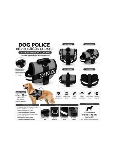Dog Police Ayarlanabilir Köpek Göğüs Tasması Gri - Siyah 60-85 Cm Çok Renkli