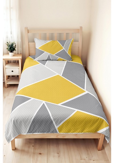Sarı Geometrik Genç Odası Tek Kişilik Pike Takımı - Gri Modern 160x220 Cm Kapitone Yatak Örtüsü Mumlu Kum Akışı