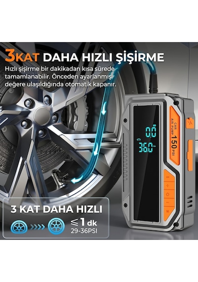 Tr 10.000mah Jump Starter Akü Takviyeli 1000a Tepe Akımlı Araç Lastik Şişirme Hava Kompresörü 150 Psı