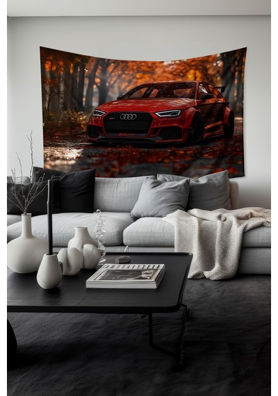 Sonbahar Kırmızı Araba Desenli Duvar Halısı Duvar Örtüsü Tapestry Süet Dokulu Kumaş