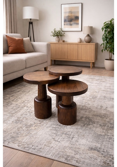Ihlamur Wood Design Oluklu Üçlü Mantar Sehpa Ceviz Rengi Ahşap