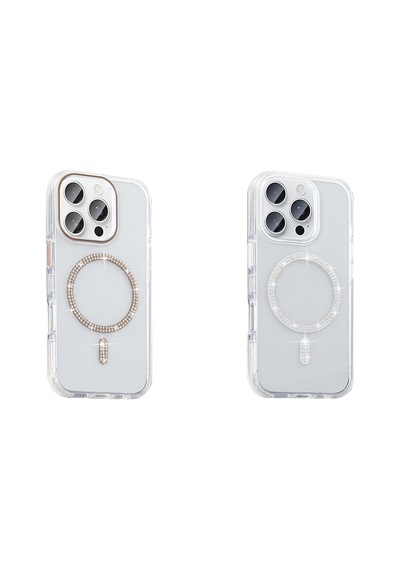 Zore Apple iPhone Uyumlu 15 Pro Max Kılıf Taşlı Tasarım M-safe Şarj Özellikli Zore Koment Silikon Kapak - Gold Altın