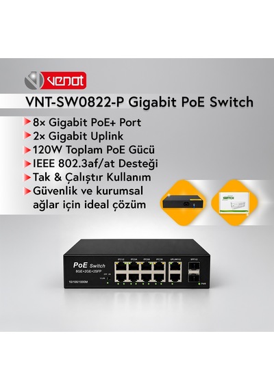 Vnt-sw0822-p 8 Port Gıga Poe 2 Port Gıga Uplink 2 Sfp Poe Swıtch 124w