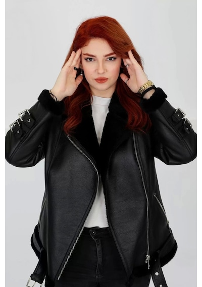 M M Marki Marki Siyah Hakiki Deri Kaban, Içi Kürklü, Kemerli Detaylar, Chic Elegance - 70 Cm - 102622