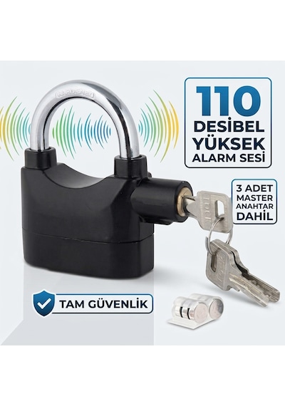 Siyah Alarmlı Asma Kilit - 110 Db Yüksek Sesli Çok Amaçlı Güvenlik Kilidi, 3 Anahtarlı