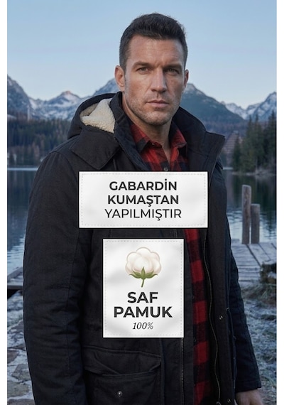 Alaska The Last Frontier Regular Fit Çıkarılabilir Kapüşonlu Saf Pamuk Gabardin Kumaş Uzun Parka Kaban Siyah
