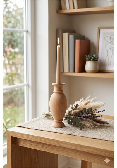 El Yapımı Masif Ahşap Dekoratif Vazo Mumluk - Minimalist Modern Boho Tarzı Doğal Ev Aksesuar Objesi Açık Bej