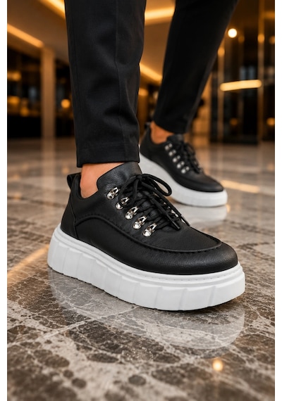 Mevese Duolc Bağcıklı Cilt Erkek Günlük Rahat Taban Sneaker Ayakkabı - Siyah Beyaz