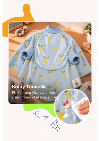 Reyo 6 Ay-6 Yaş Silinebilir, Uzun Kollu Bebek Mama Önlüğü, Çocuk Aktivite Önlüğü, Pamuklu,su Geçirmez - Limon Sorbe