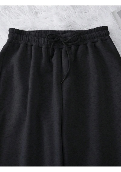 Letter Graphic Drawstring Waist 4 Mevsim Eşofman Siyah