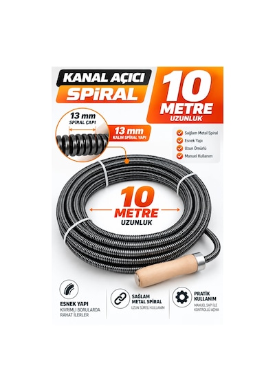 13 Mm 10 Metre Kanal Açıcı Spiral Ahşap Saplı Manuel Gider Açma Teli, Lavabo Ve Boru Temizleme S