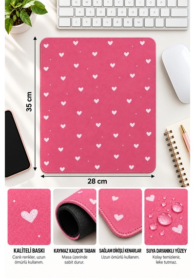 Kalp Tasarımlı Mousepad 28x35 Cm Kaymaz Tabanlı Dikişli Kenar Ofis Ve Masaüstü
