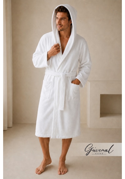 Blanc Kapüşonlu Pamuklu Unisex Bornoz Otel Bornozu Erkek Havlu Bornoz Kadın Havlu Bornoz Sauna Bornoz Sabahlık Kapüşonlu Beyaz