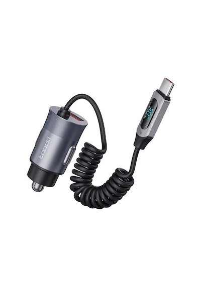 Toocki 65w Spiral Type-c Kablolu Araç Şarj Cihazı Dijital Göstergeli + Usb-a Port