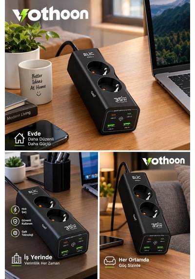Akım Korumalı Priz 2 Ac Soket 2 Usb-a 2 Usb-c 35w Hızlı Şarj 1050j Koruma 2 Mt Kablo 2200w 2 M