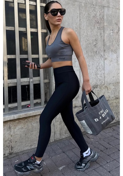 Madmext Boyalı Gri Active Fit Bravie Tayt Mg2813 SiYAH L