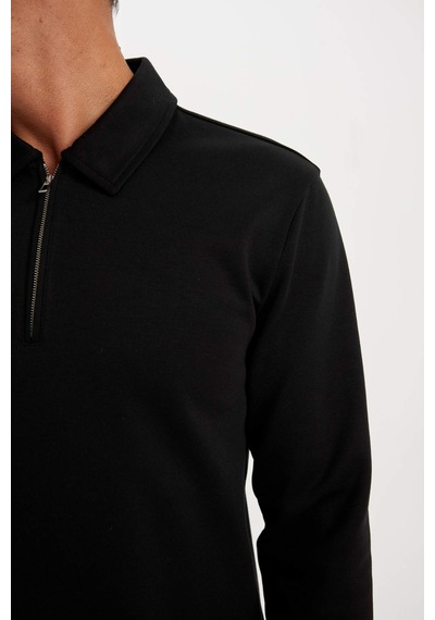 Defacto Regular Fit Polo Yaka Yarım Fermuarlı Basic Düz Sweatshirt D2279ax24aubk81 Siyah
