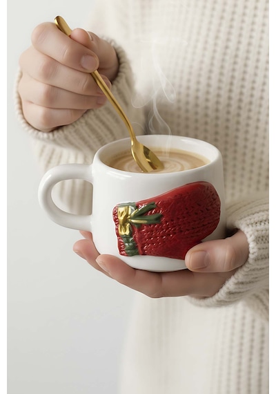 Rivaistanbul Eldiven Amore 24 K Altın Süslemeli El Yapımı Yılbaşı Hediyesi Seramik Double Kahve Fincanı, Mug, Kupa Beyaz