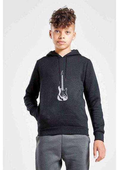 Tshirthane Siyah Elektro Gitar Baskılı Unisex Çocuk Kapüşonlu Sweatshirt Siyah