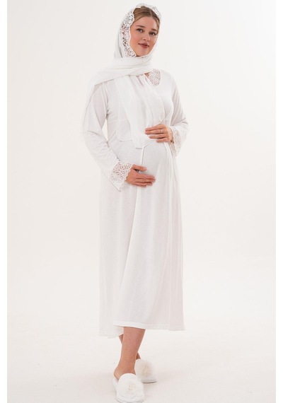 Mecit Pijama Mecit 6331 Ekru Sabahlıklı Lohusa Gecelik Takım