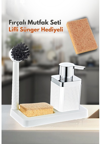 Grimorlife Fırçalı Sıvı Sabunluk Ve Sünger Seti - Standlı Plastik Mutfak Banyo Sabunluk Lifli Sünger Hediyeli Beyaz