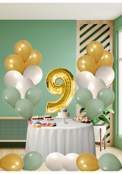 9 Yaş Küf Yeşili Temalı Doğom Günü Seti Metalik Gold Kum Beji Küf Yeşili Balonlar Gold Folyo Rakam Çok Renkli