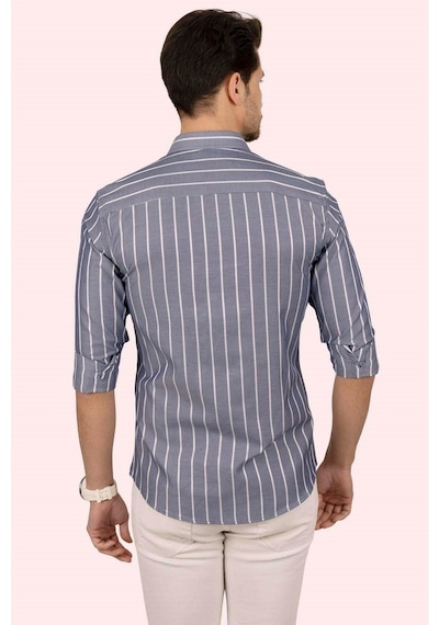 Erkek Gri Beyaz Çizgili Slimfit Kutulu Gömlek Beyaz - Gri