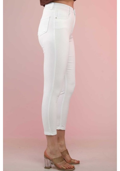 Kene Jeans Kadın Beyaz Yüksek Bel Keten Esnek Dar Paça Pantolon Beyaz