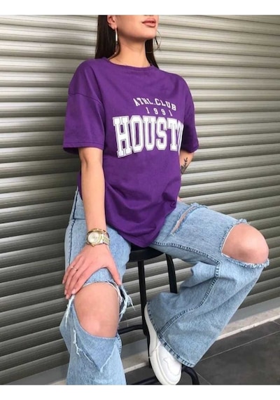 Kozia Outdoors Malkoçbey Houston Baskılı Oversize Unisex Basic T-sihirt Mor