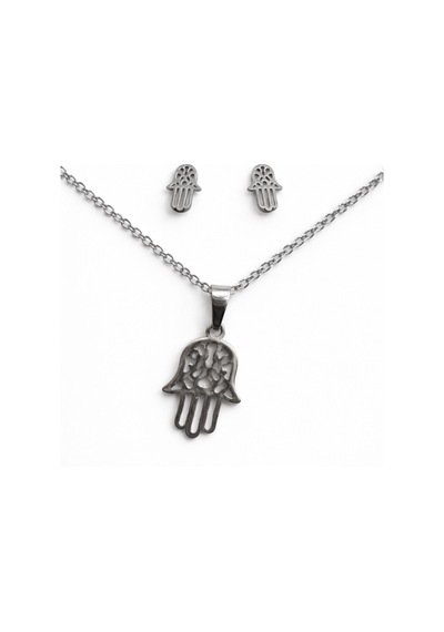 Paslanmaz Çelik Hamsa El Kolye Küpe Seti Gümüş Renk Unisex Takı Altın - Gümüş