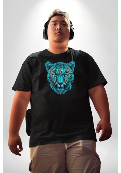 Angemiel Yeşil Leopar Kafası Siyah Büyük Beden Erkek Kadın Unisex Basic Ön Baskılı Tişört Siyah