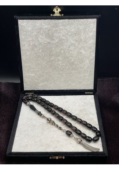 Alpaka Nakkaş İmameli Siyah-gri Sıkma Kehribar Tesbih 9x11 Mm