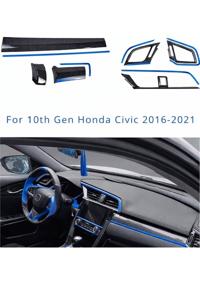 Honda Civic 2016-2021 İçin 10. Nesil Panel Karbon Kaplama 11 Parça Mavi Detaylar