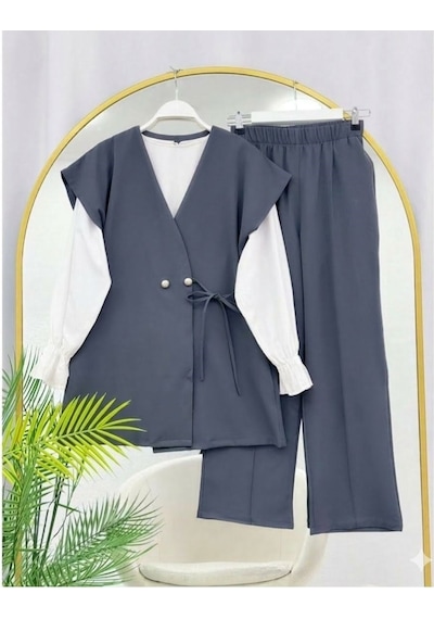 Lovie Moda Kadın Üçlü Şık Takım - Gri Bej